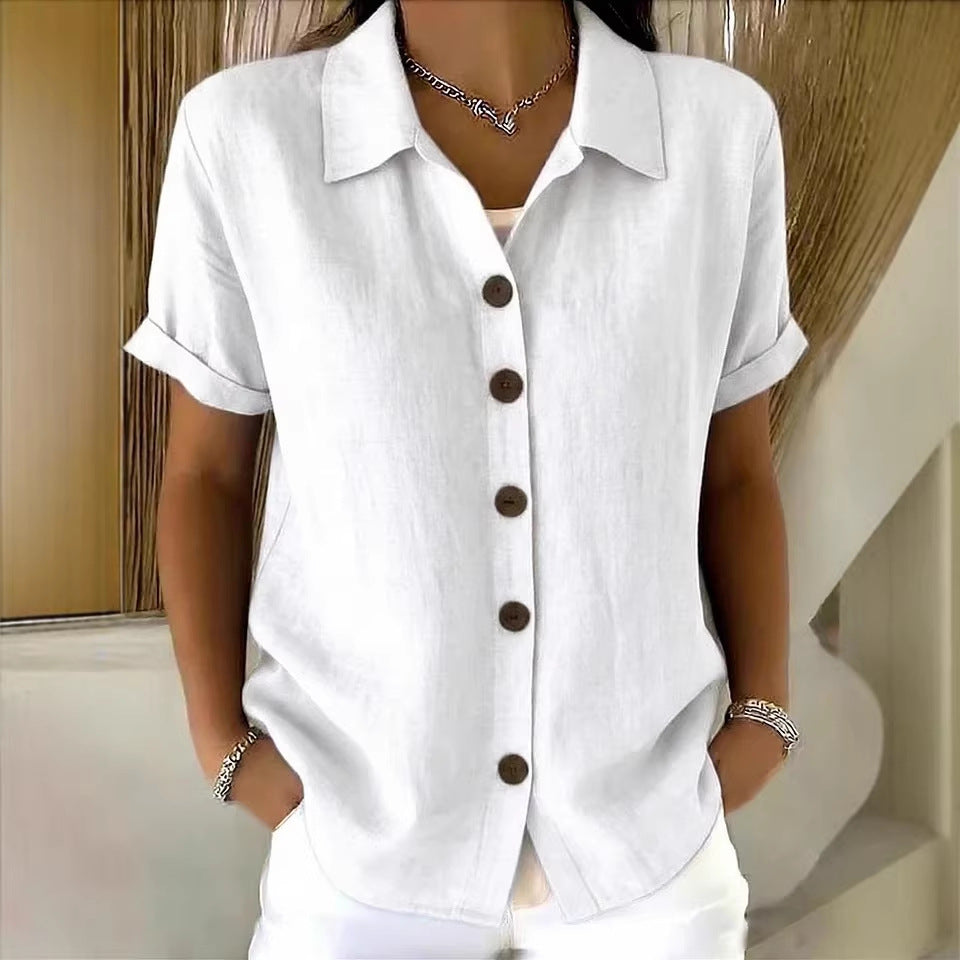 Shirt Collar Short Sleeve Button Top – Loose Fit Cotton-Linen Casual