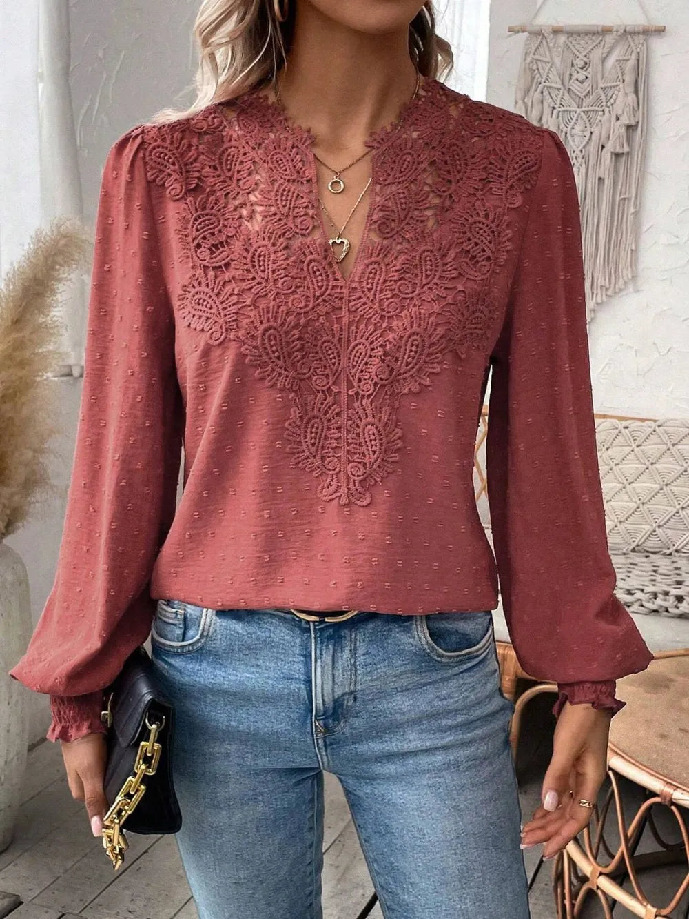 Swiss Dot Lace Detail Notched Long Sleeve Blouse – Feminine Style