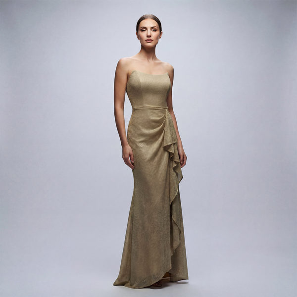 Strapples Draped Ruffle Gown