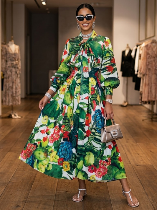 Cactus Print Maxi Dress With Neck Tie HUDSON New Collection FASHION BYMANYC ® New York