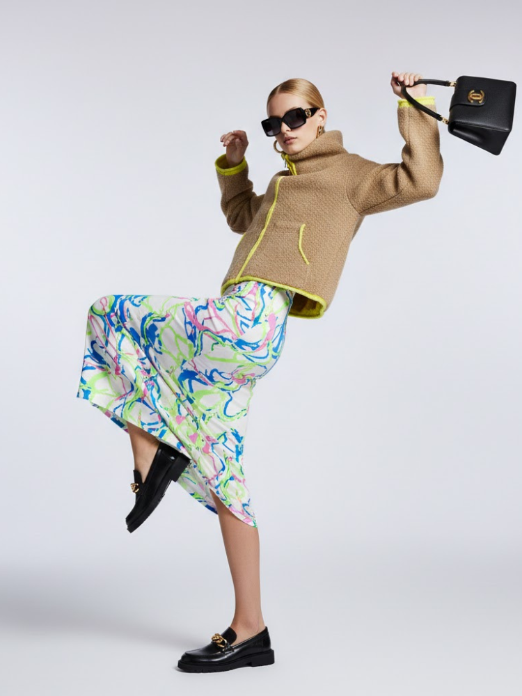 Camel Bouclé Knit Jacket with Neon Trims and Funnel Neck • BYMANYC ® New York