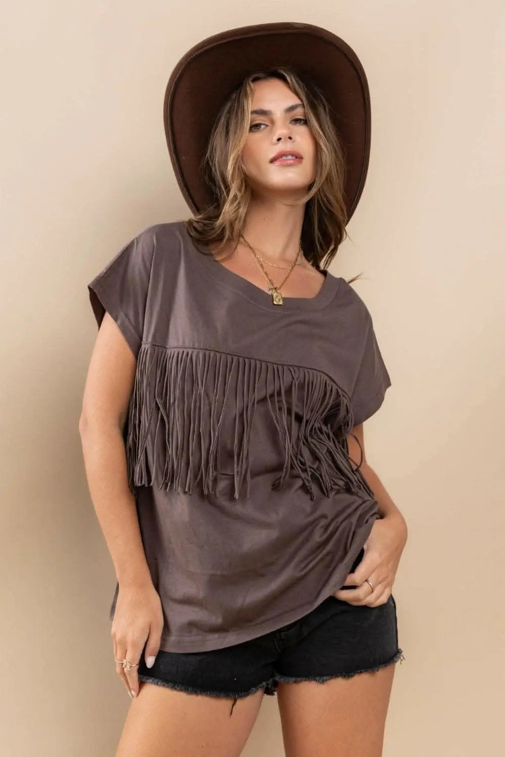 Trendsi Fringe Detail Top Women's Casual Short Sleeve Top Stylish & Trendy