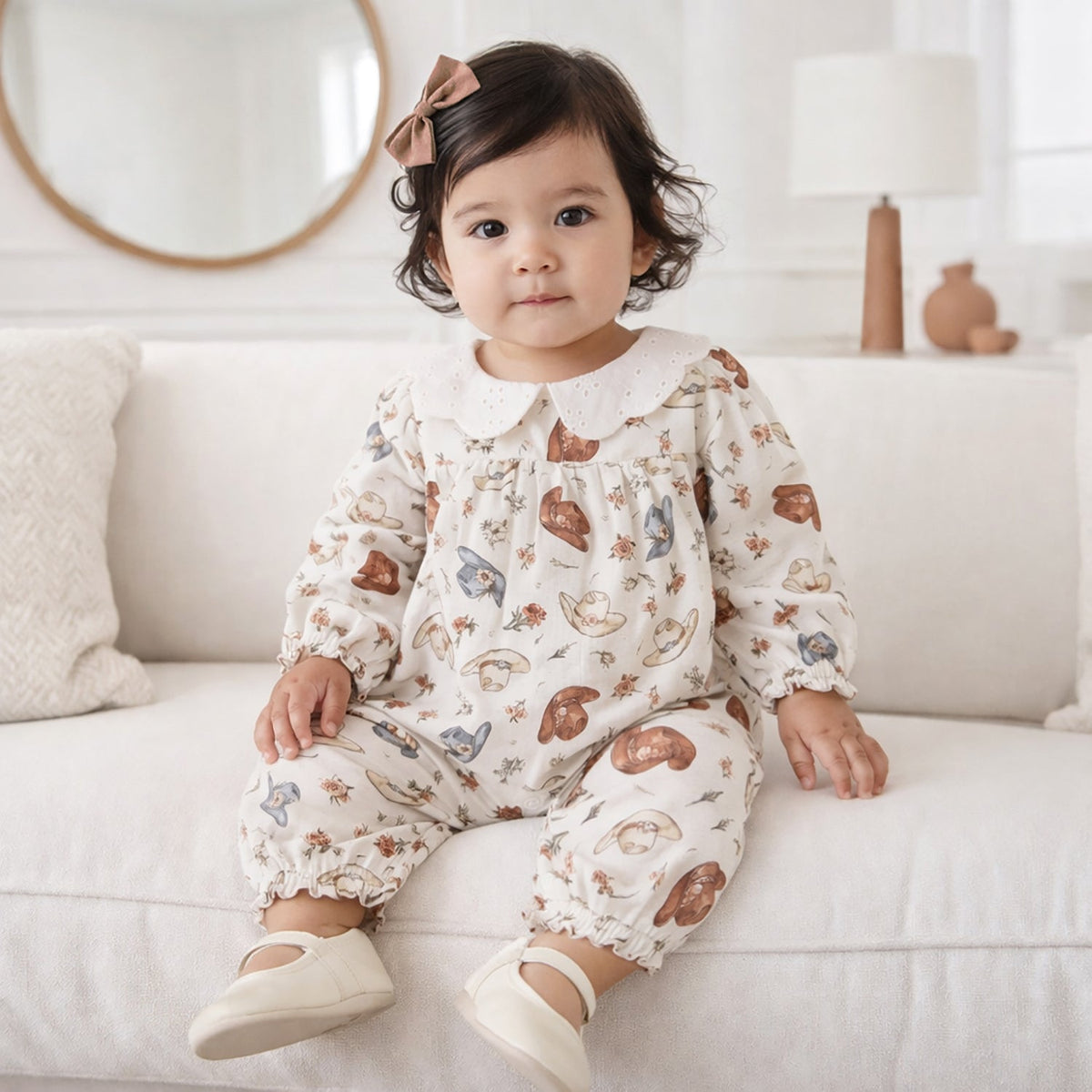 Larkspur Prairie Linen Western Romper With Eyelet Collar