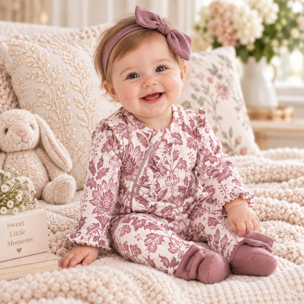 Floral Tapestry Zipper Romper - Bamboo Baby Girl Outfit