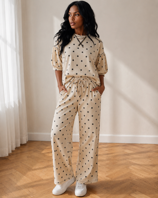 Avery Polka Dot Elastic Waist Casual Pants Set