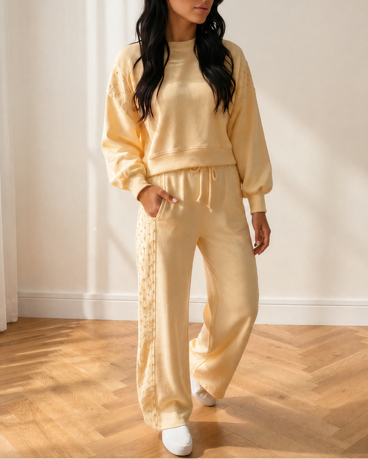 Anna Eyelet Embroidered Lace Patchwork Cropped Pullover Drawstring Pants Set