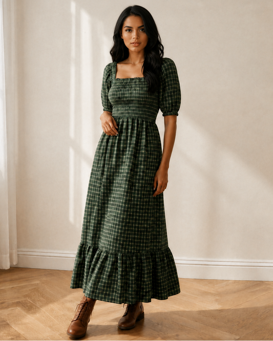 Daisy Plaid Square Neck Shirred High Waist Ruffle Hem Dress