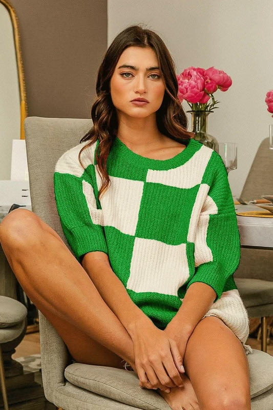 Trendsi just arrived - Chic Checkered Round Neck Sweater with Contrast