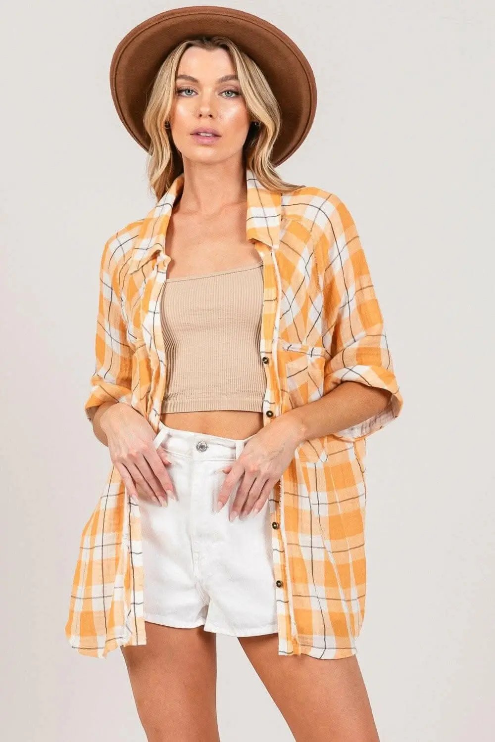 Trendsi Plaid Shirt Women's Casual Top Chic Side Slits Elegant Color