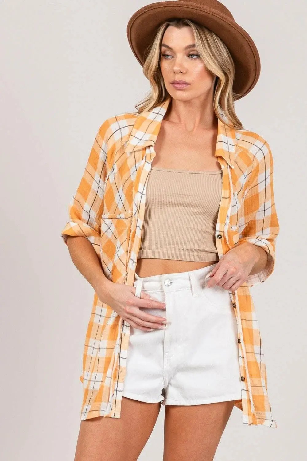 Trendsi Plaid Shirt Women's Casual Top Chic Side Slits Elegant Color