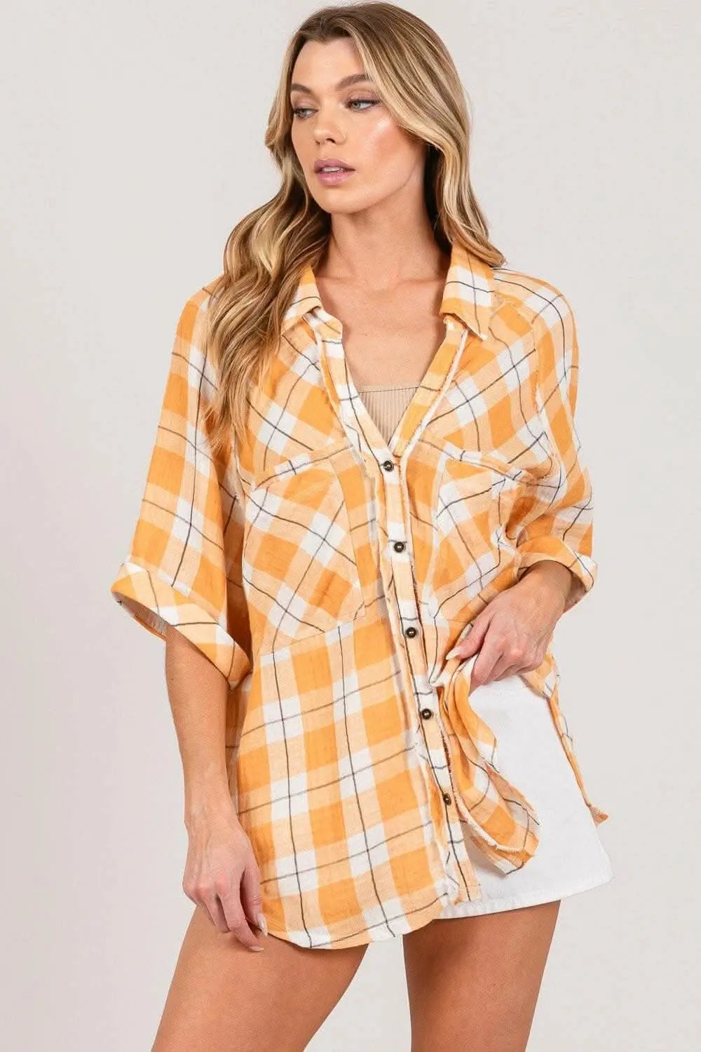 Trendsi Plaid Shirt Women's Casual Top Chic Side Slits Elegant Color