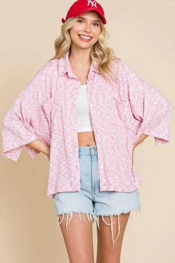 Trendsi Red Slit Shirt Women's Casual Button-Up Top - Chic & Drop Shoulder