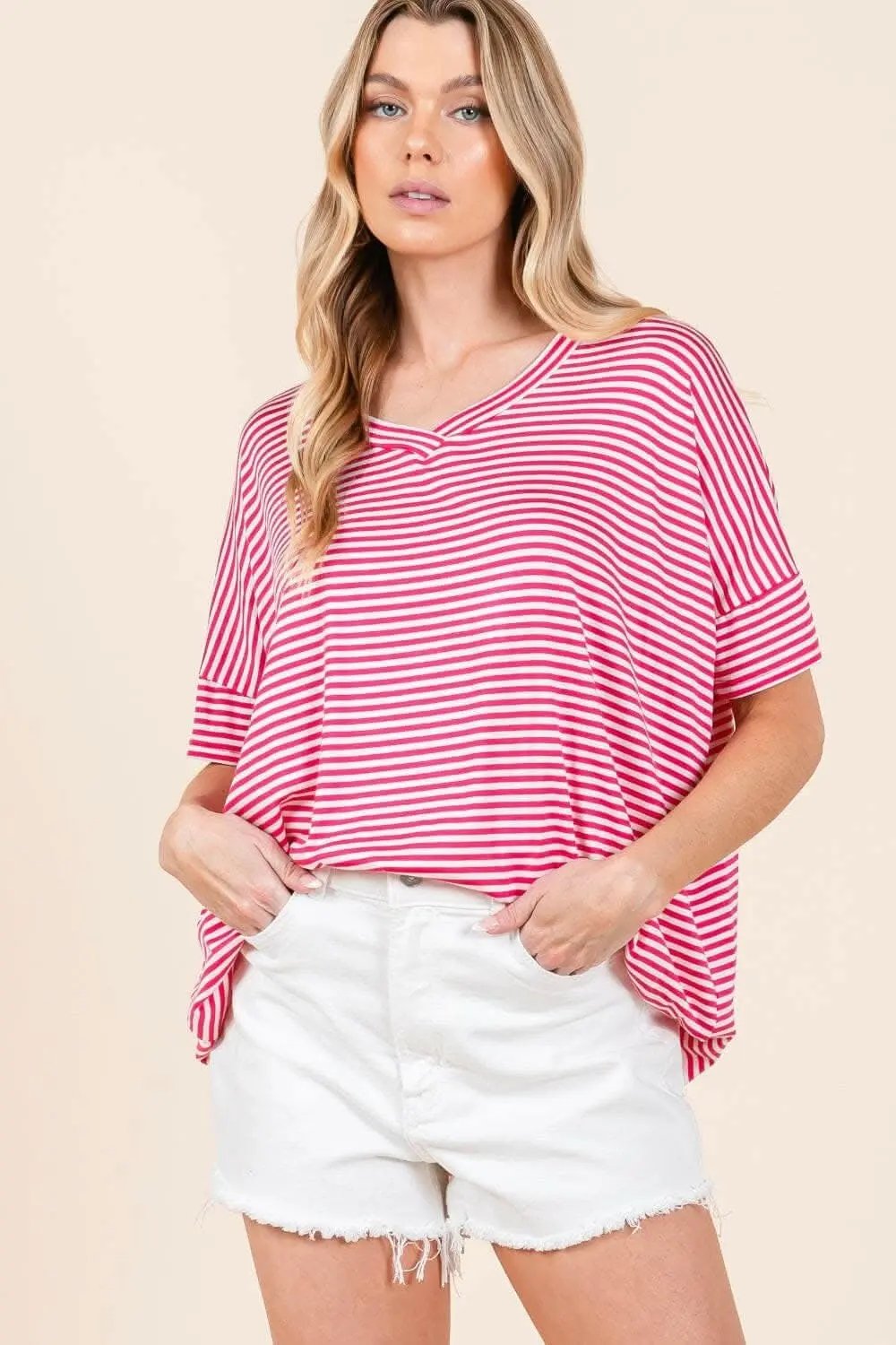 Trendsi Shorts - Chic Striped V-Neck Tee for Effortless Style