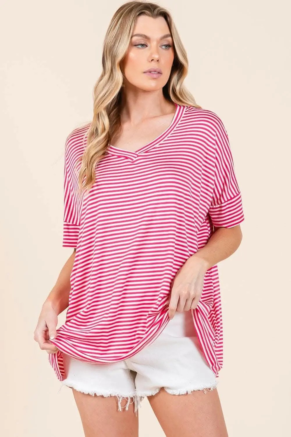 Trendsi Shorts - Chic Striped V-Neck Tee for Effortless Style