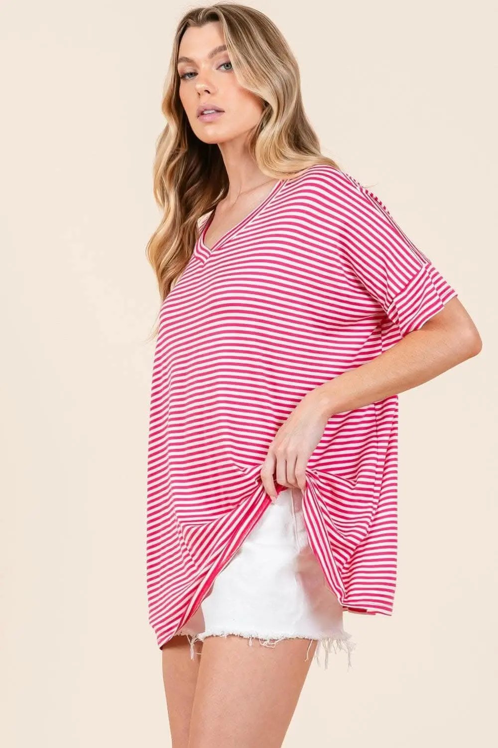 Trendsi Shorts - Chic Striped V-Neck Tee for Effortless Style