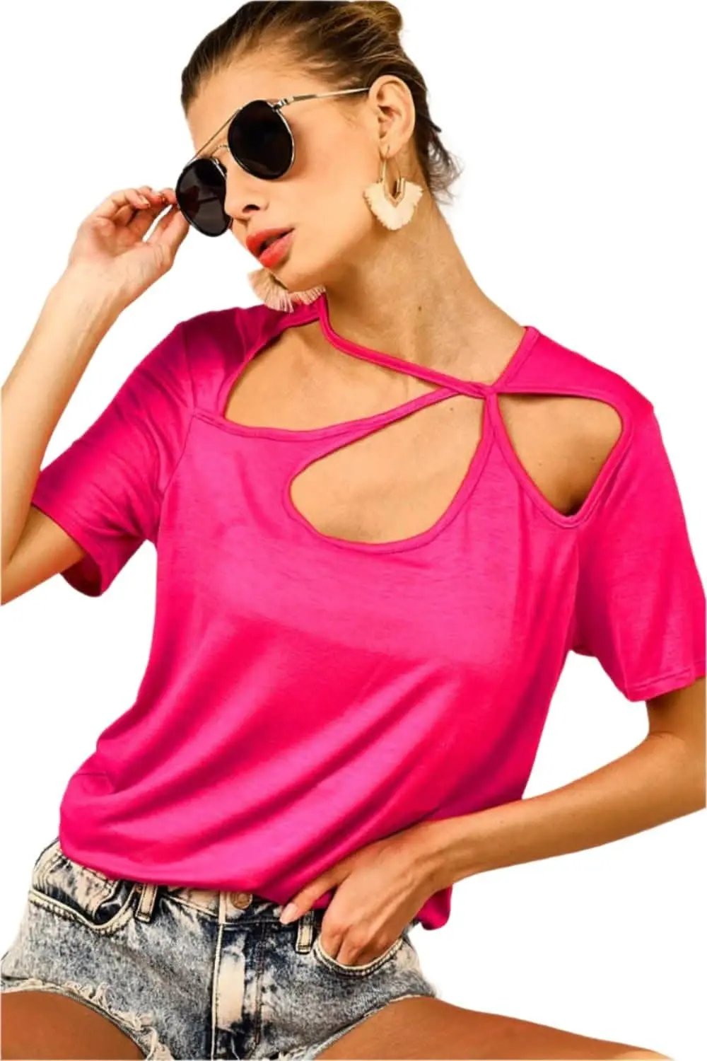 Trendsi Cutout Tee Women's Casual Short Sleeve T-Shirt Trendy Asymmetrical