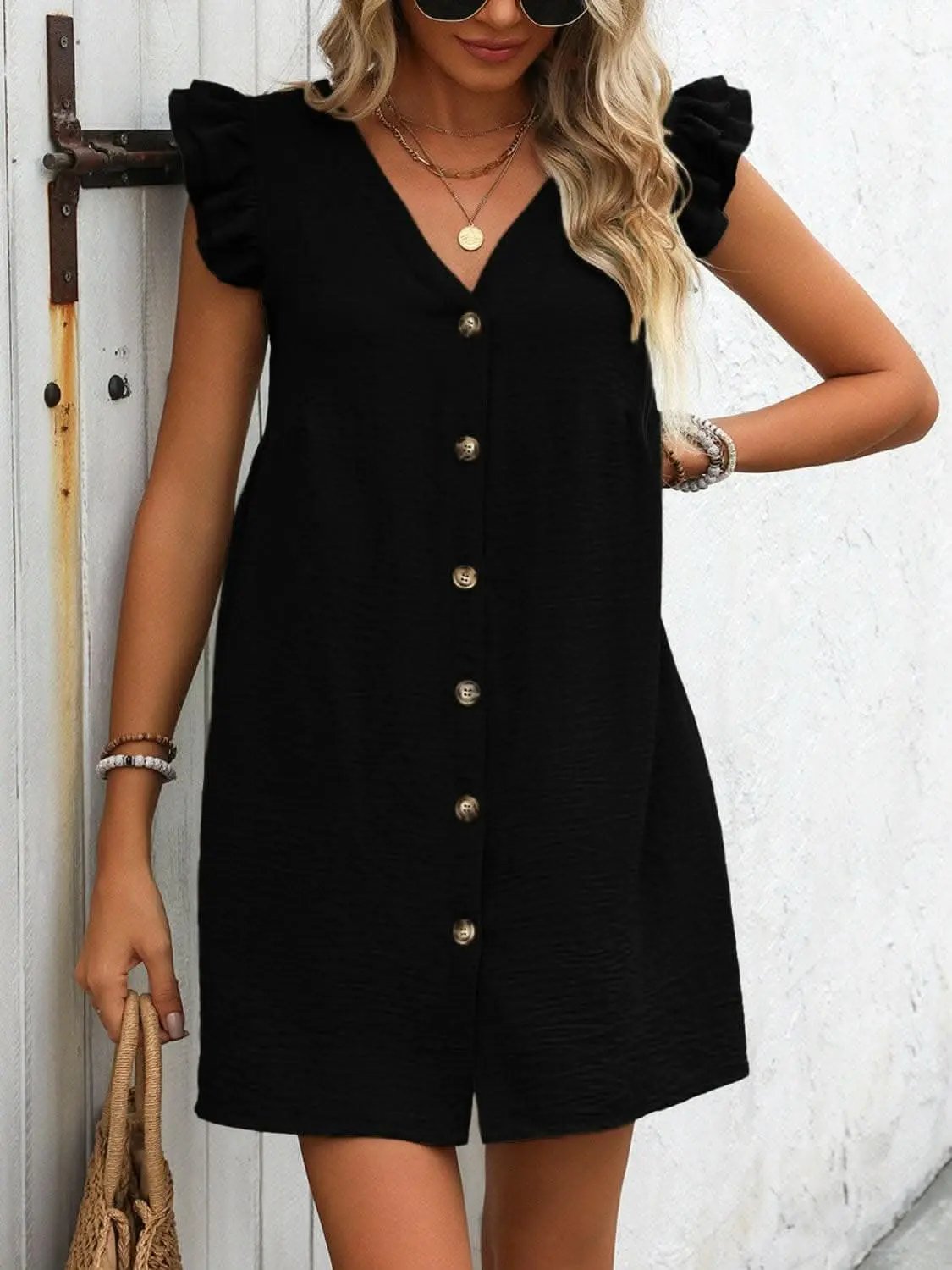 Trendsi Chic button-up v-neck mini dress