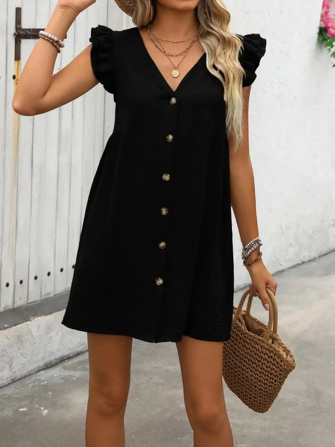 Trendsi Chic button-up v-neck mini dress