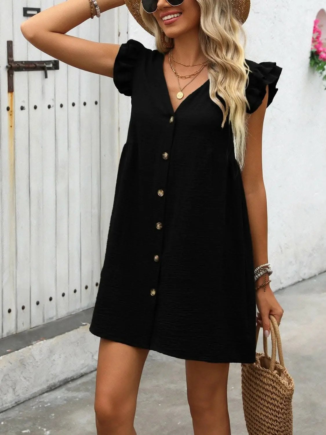 Trendsi Chic button-up v-neck mini dress