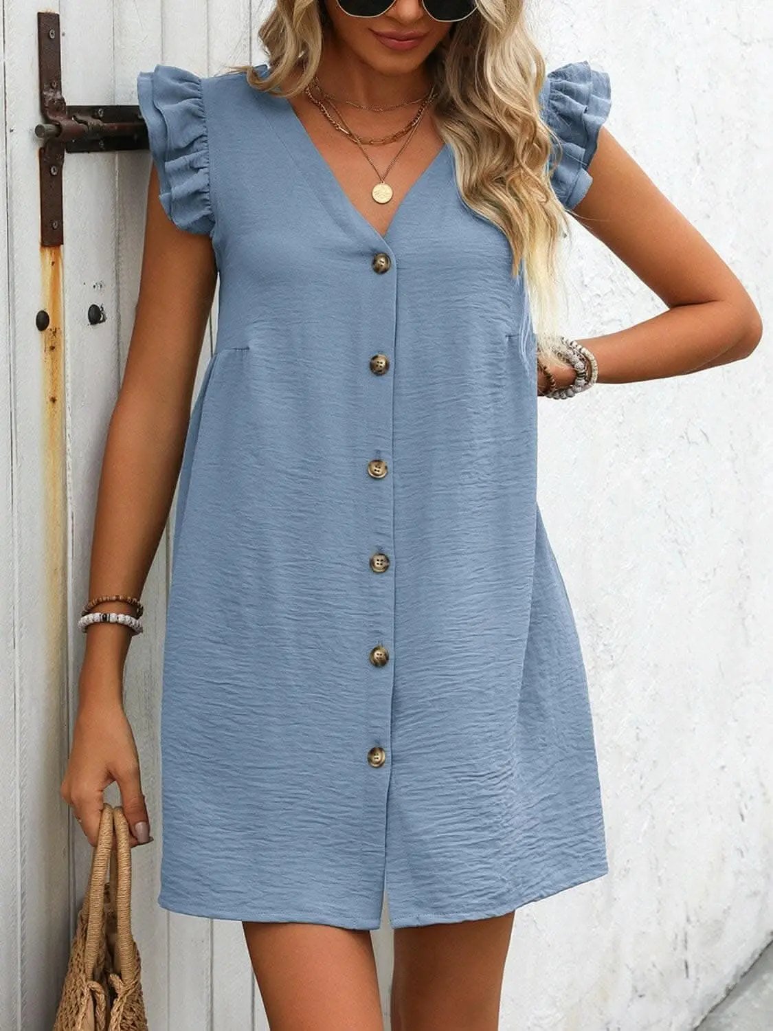 Trendsi Chic button-up v-neck mini dress