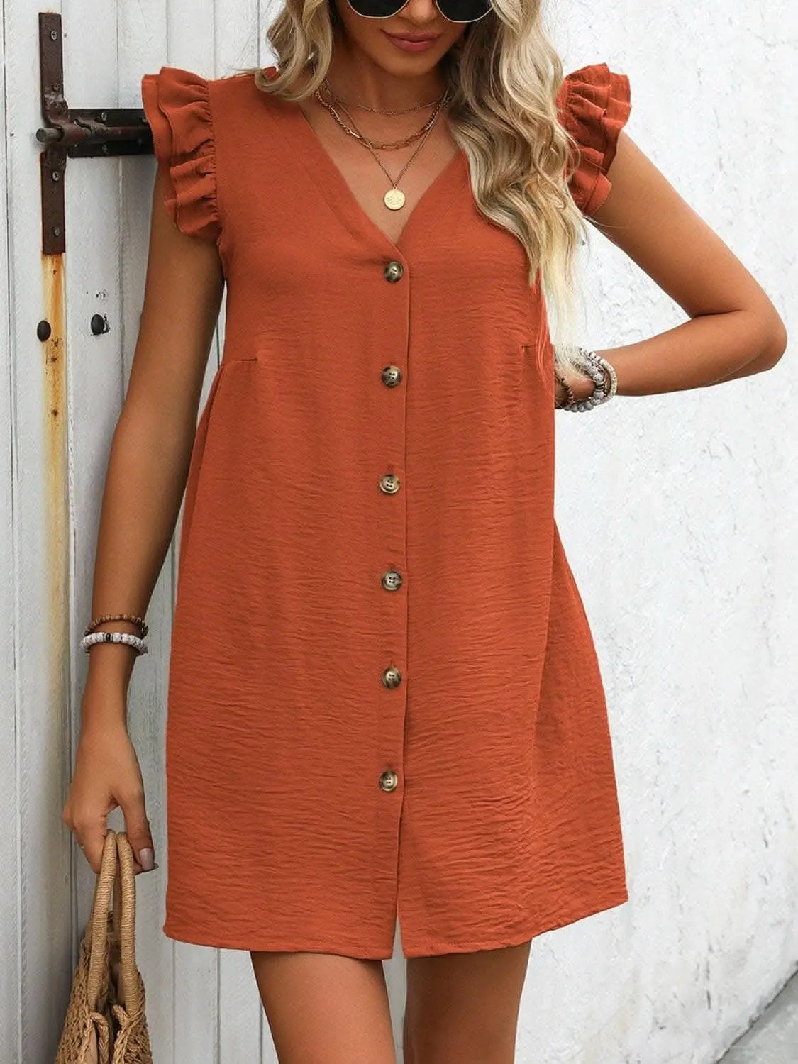 Trendsi Chic button-up v-neck mini dress