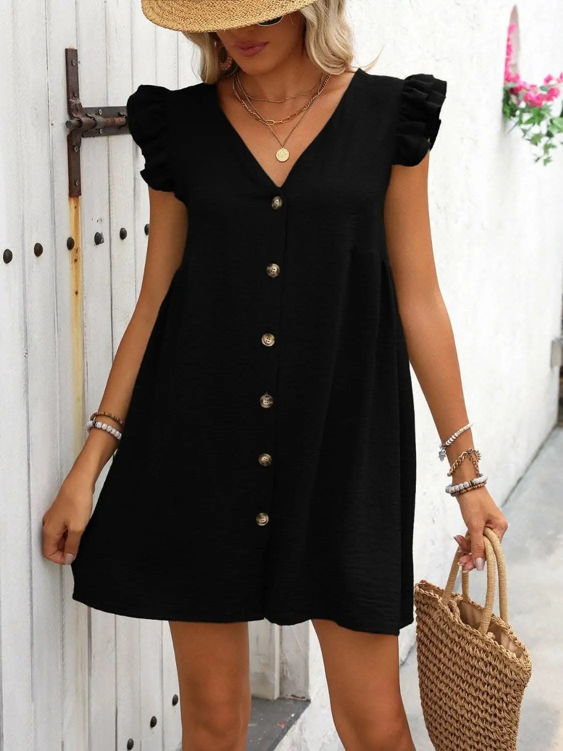Trendsi Chic button-up v-neck mini dress