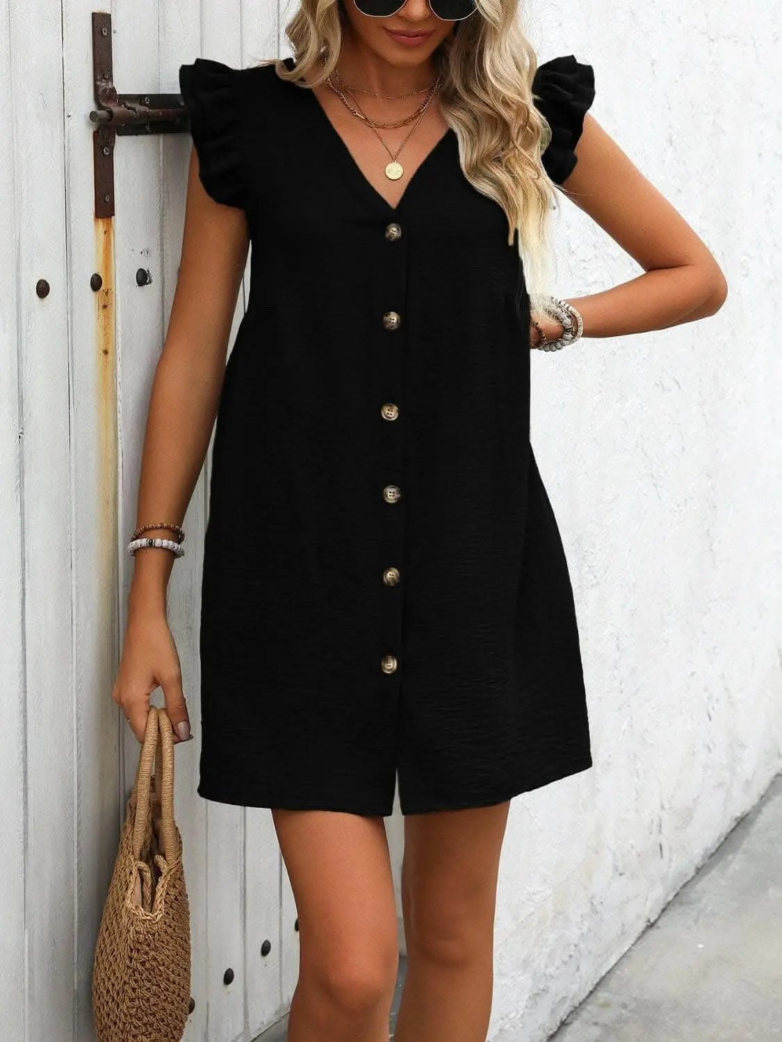 Trendsi Chic button-up v-neck mini dress
