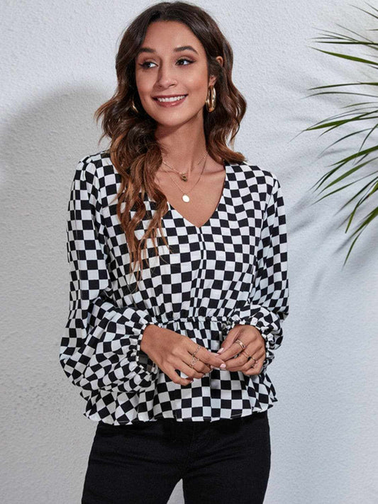 Trendsi Chic checkered v-neck peplum blouse