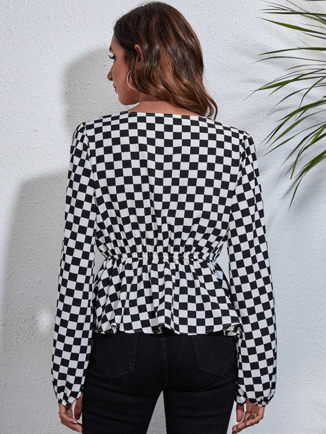 Trendsi Chic checkered v-neck peplum blouse