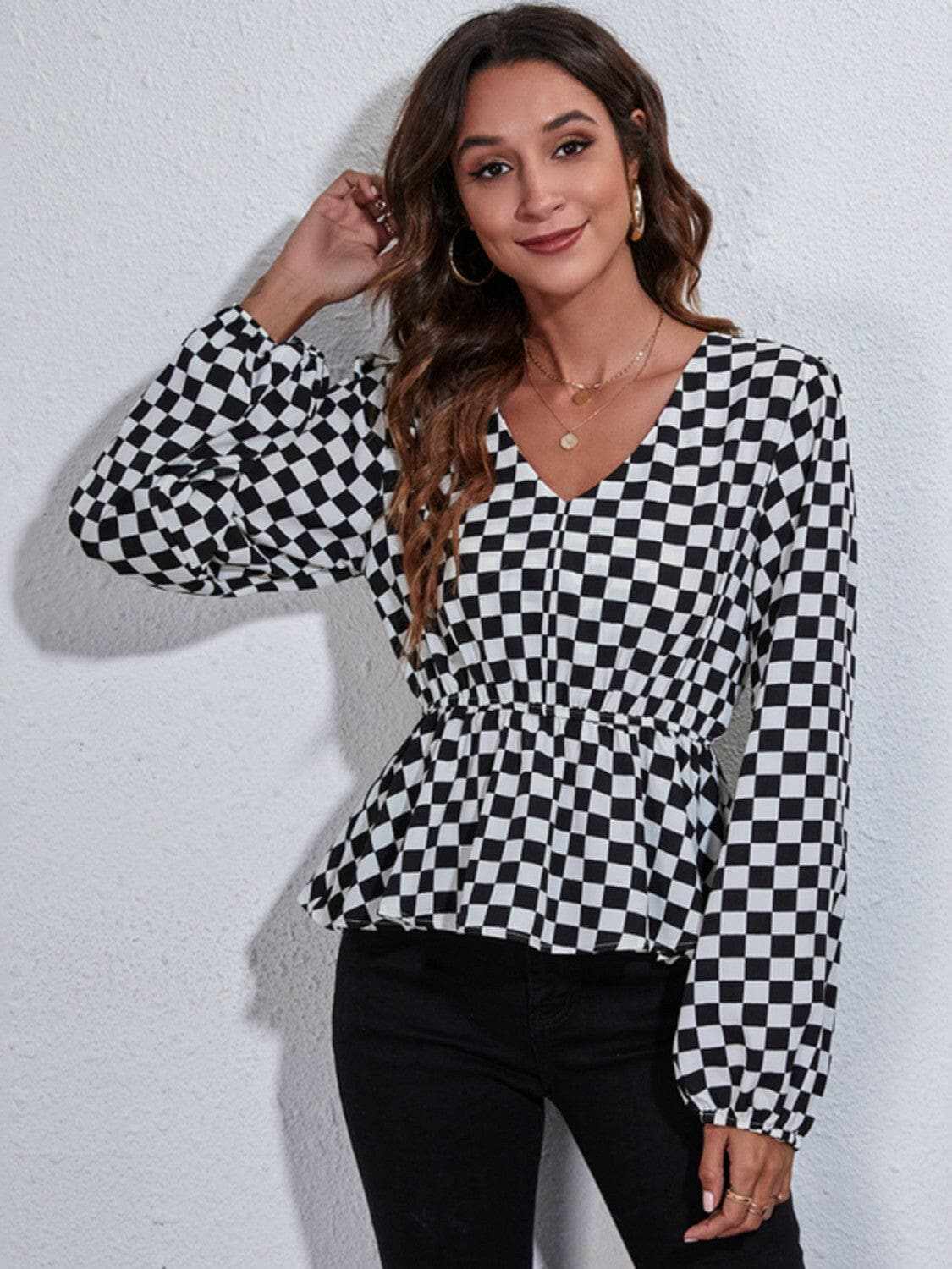 Trendsi Chic checkered v-neck peplum blouse