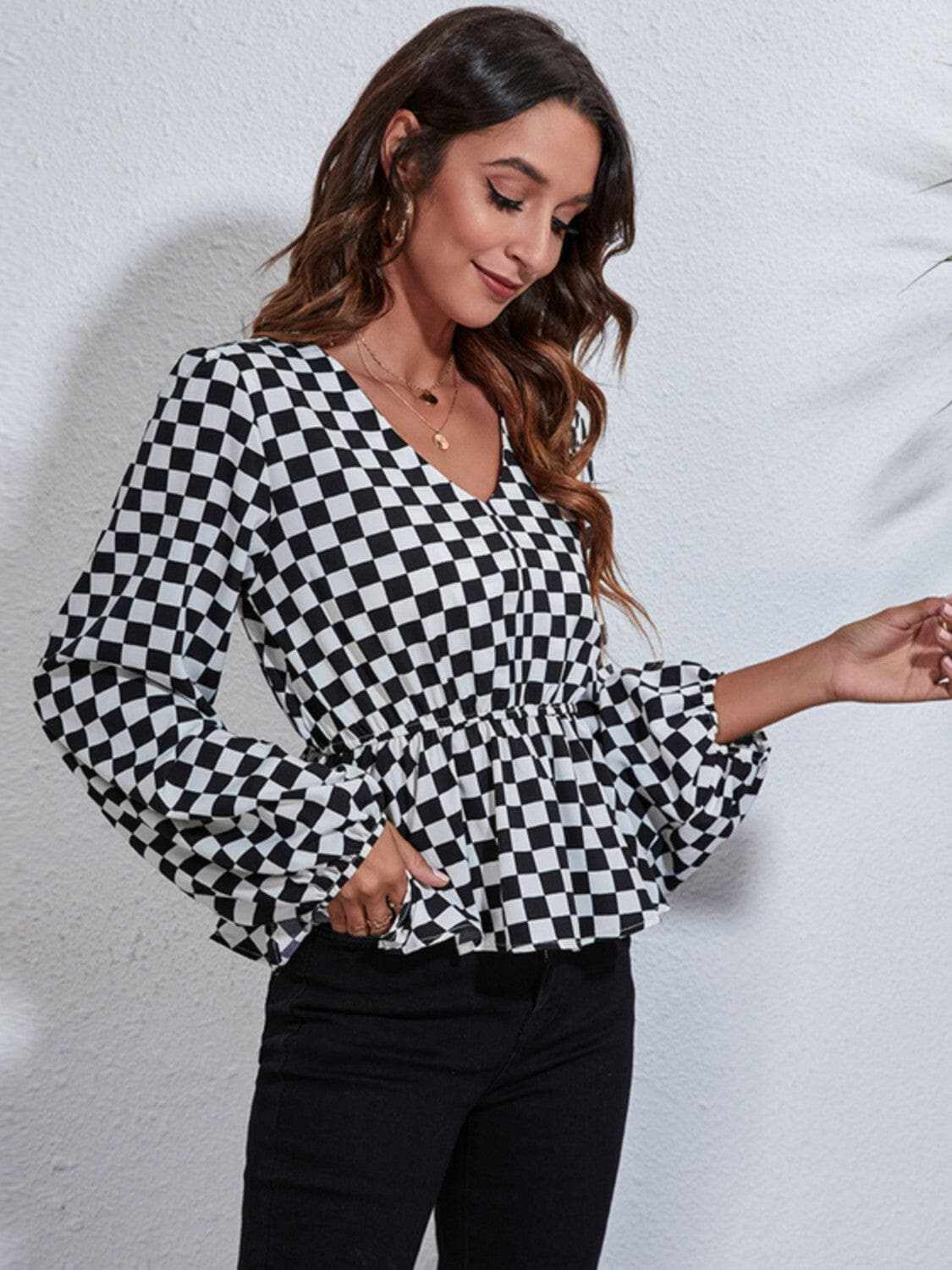 Trendsi Chic checkered v-neck peplum blouse