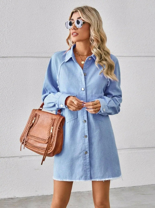 Denim Shirt Dress - With Pockets - Chic Style
