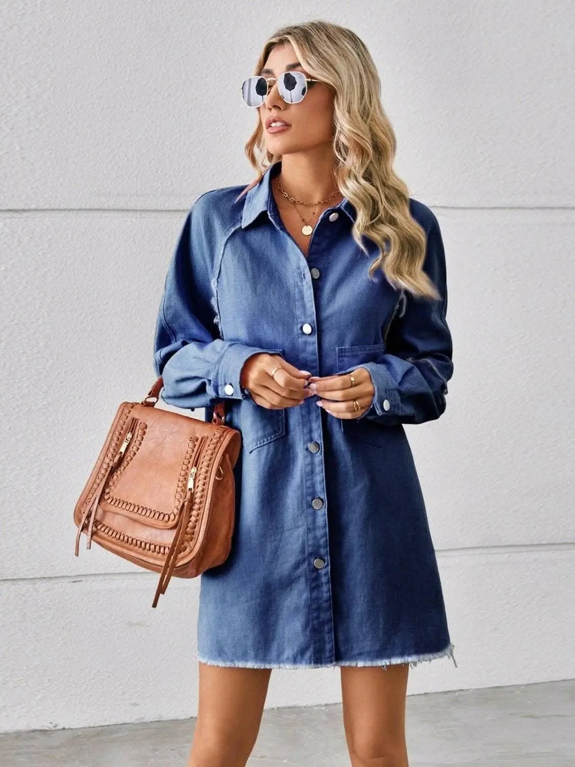 Denim Shirt Dress - With Pockets - Chic Style