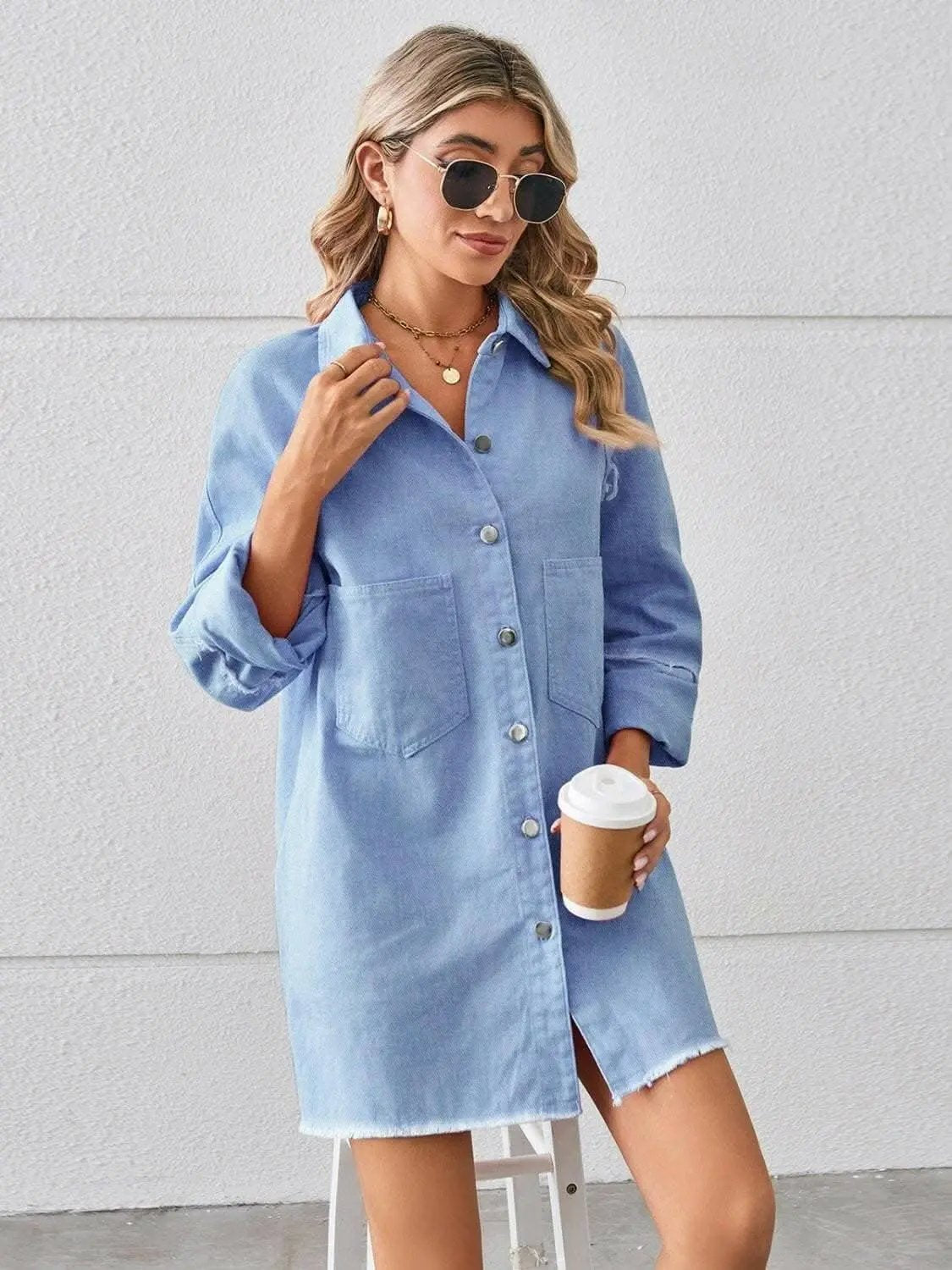 Denim Shirt Dress - With Pockets - Chic Style