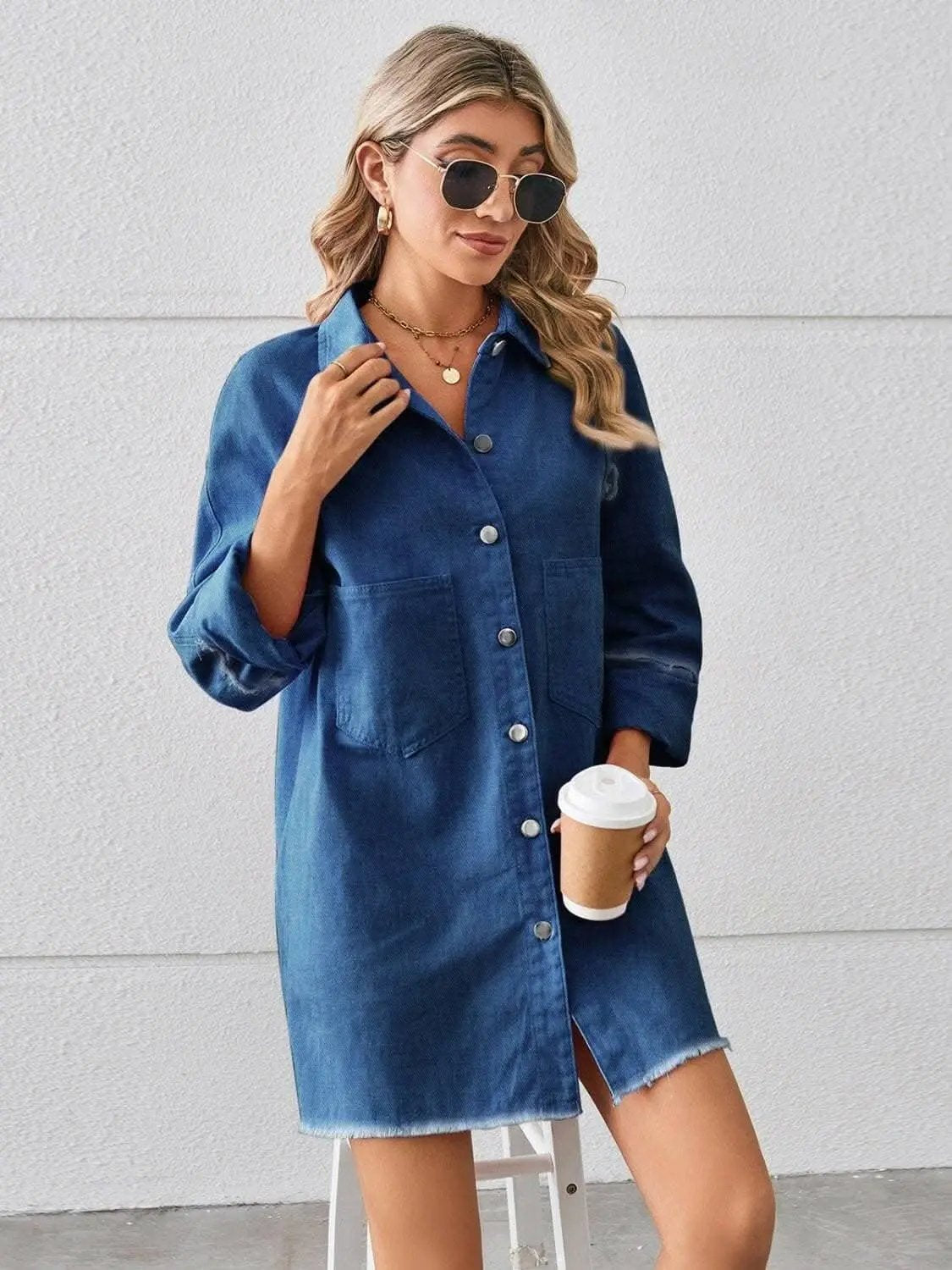Denim Shirt Dress - With Pockets - Chic Style