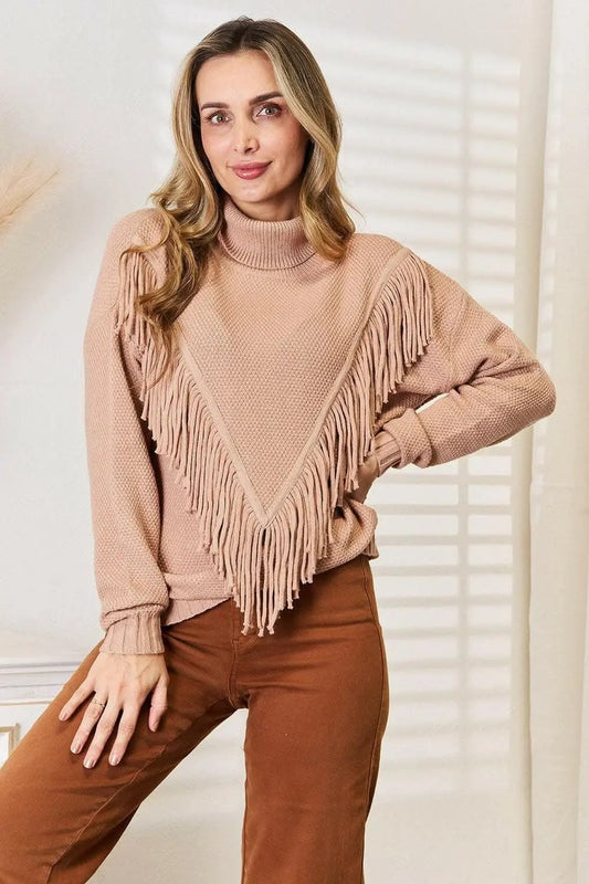Trendsi Fringe Turtleneck Sweater Women's Fall Fashion Knit Top - Chic & Cozy
