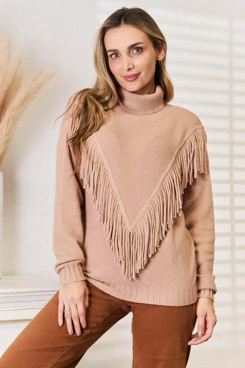 Trendsi Fringe Turtleneck Sweater Women's Fall Fashion Knit Top - Chic & Cozy