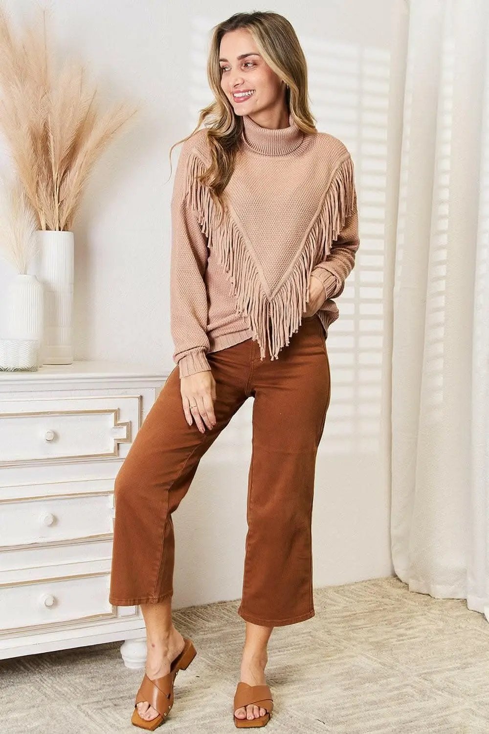 Trendsi Fringe Turtleneck Sweater Women's Fall Fashion Knit Top - Chic & Cozy