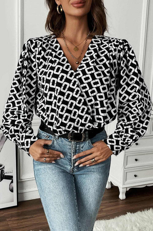 Blouse - Geometric V-Neck - Chic Style
