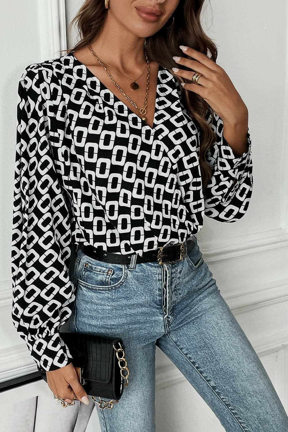 Blouse - Geometric V-Neck - Chic Style