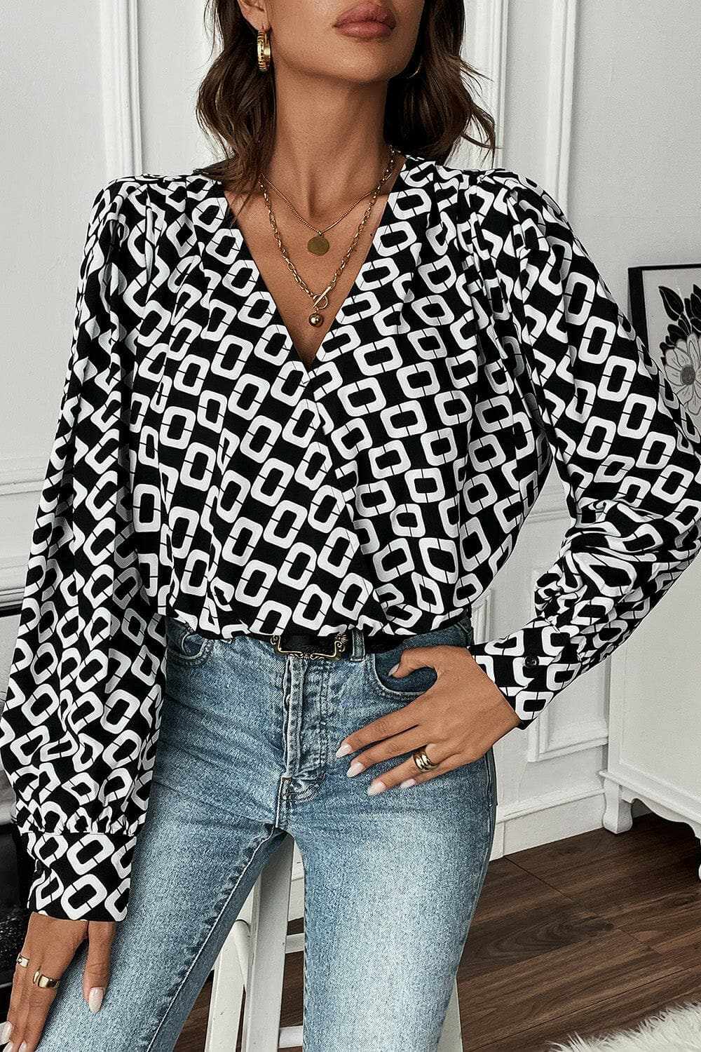 Blouse - Geometric V-Neck - Chic Style