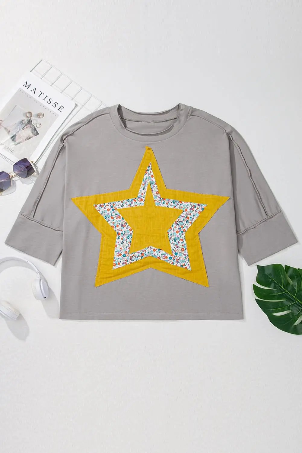 Love Salve Grey Floral Star Plus Size Women's Top: Western Style, Fall Fashion