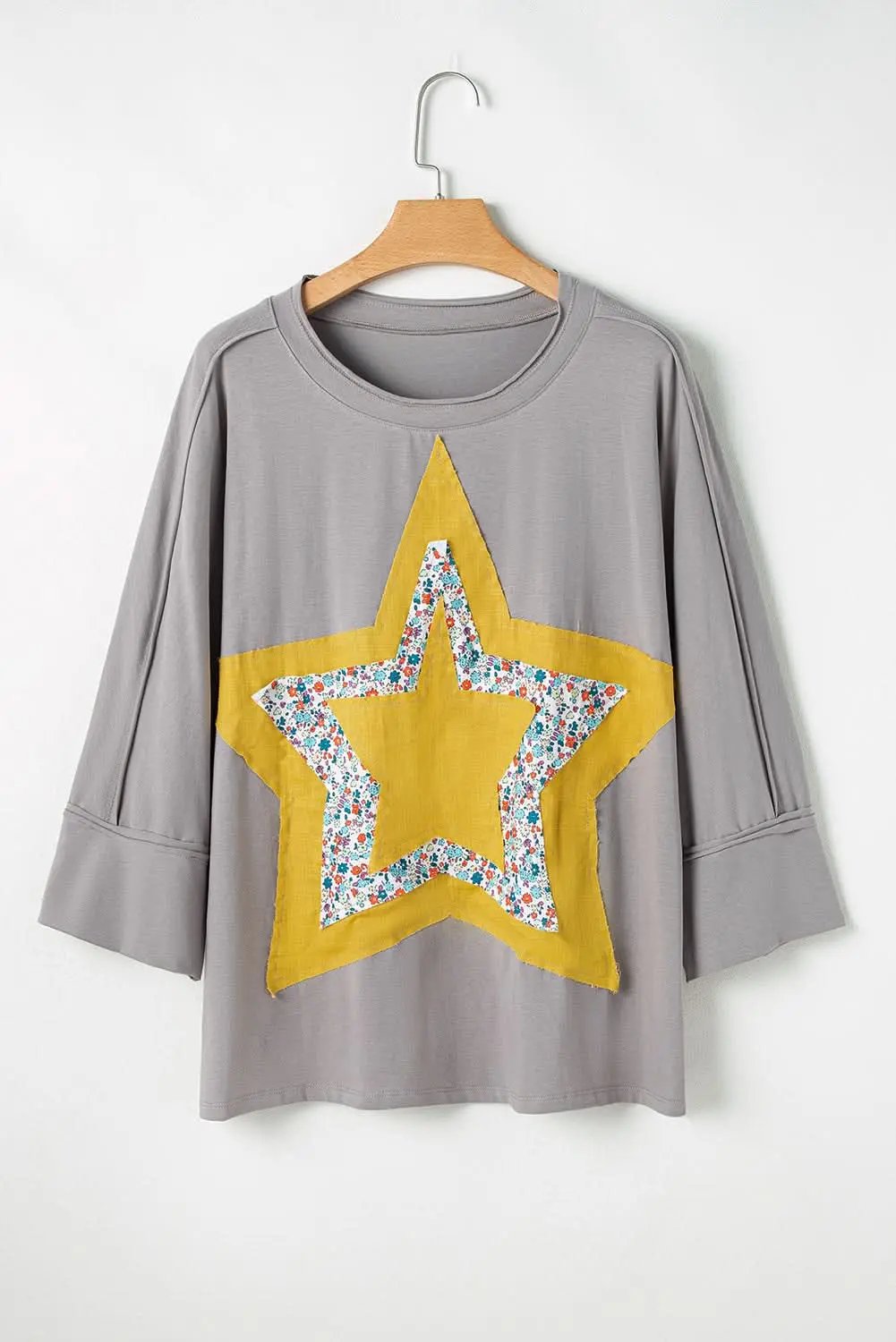 Love Salve Grey Floral Star Plus Size Women's Top: Western Style, Fall Fashion