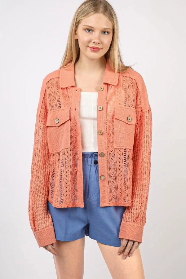 Trendsi Lace Button-Up Shirt Women's Casual Long Sleeve Top - Chic & Lightweight