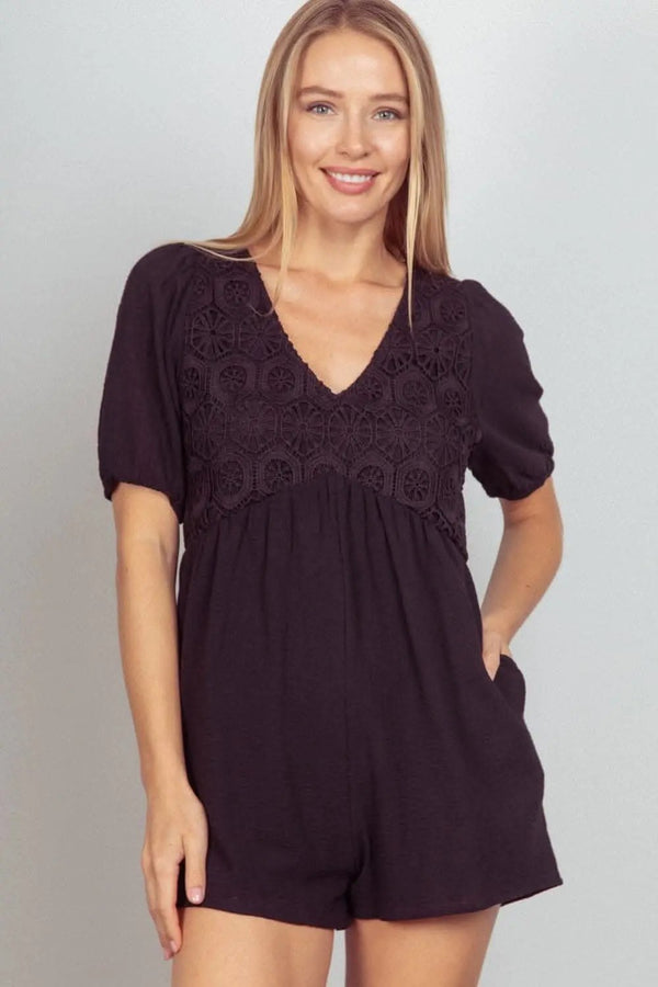 Trendsi Lace Romper Women's Casual Puff Sleeve Pockets Jumpsuit