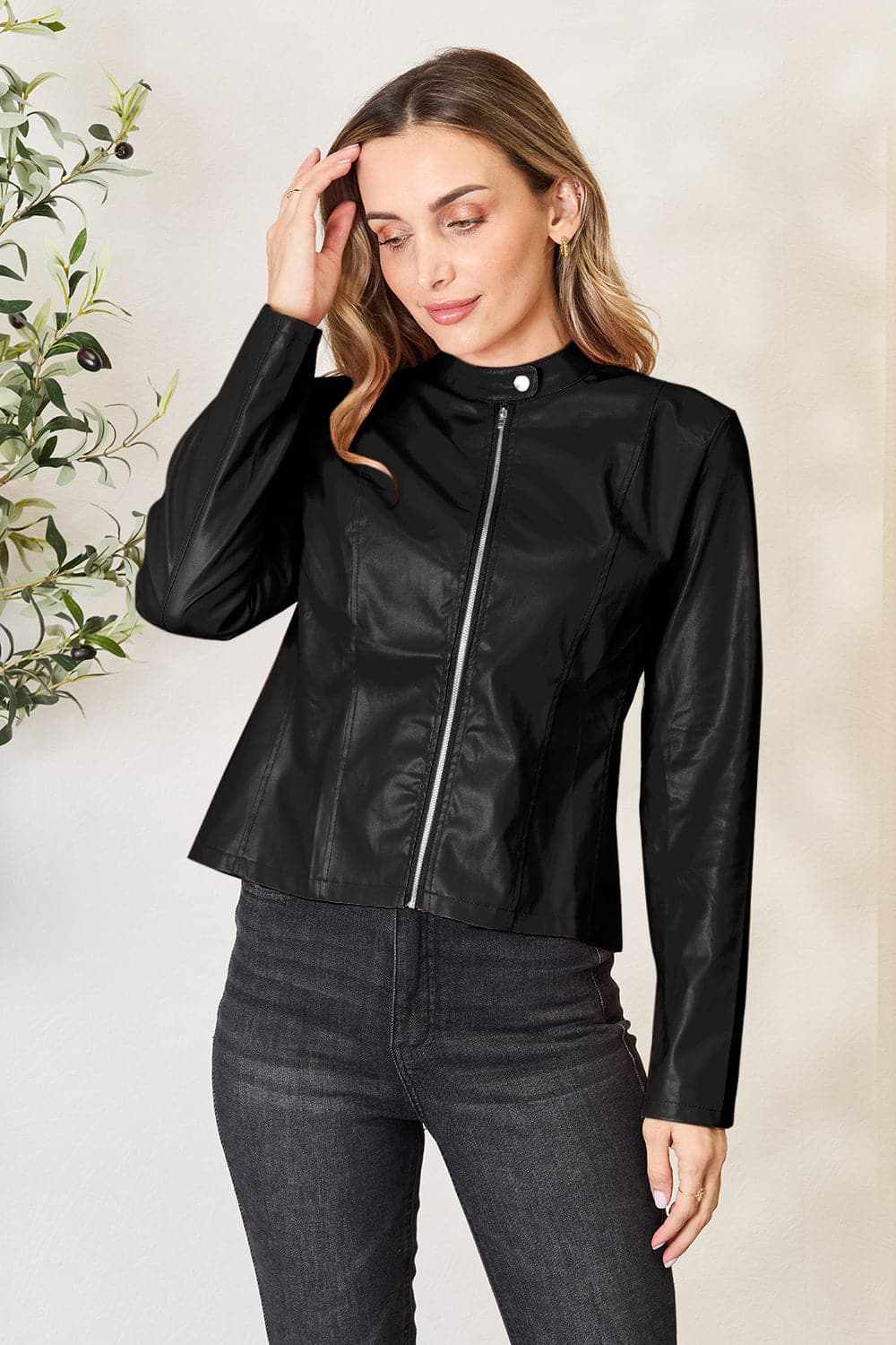 Trendsi Chic mock neck zip-up jacket