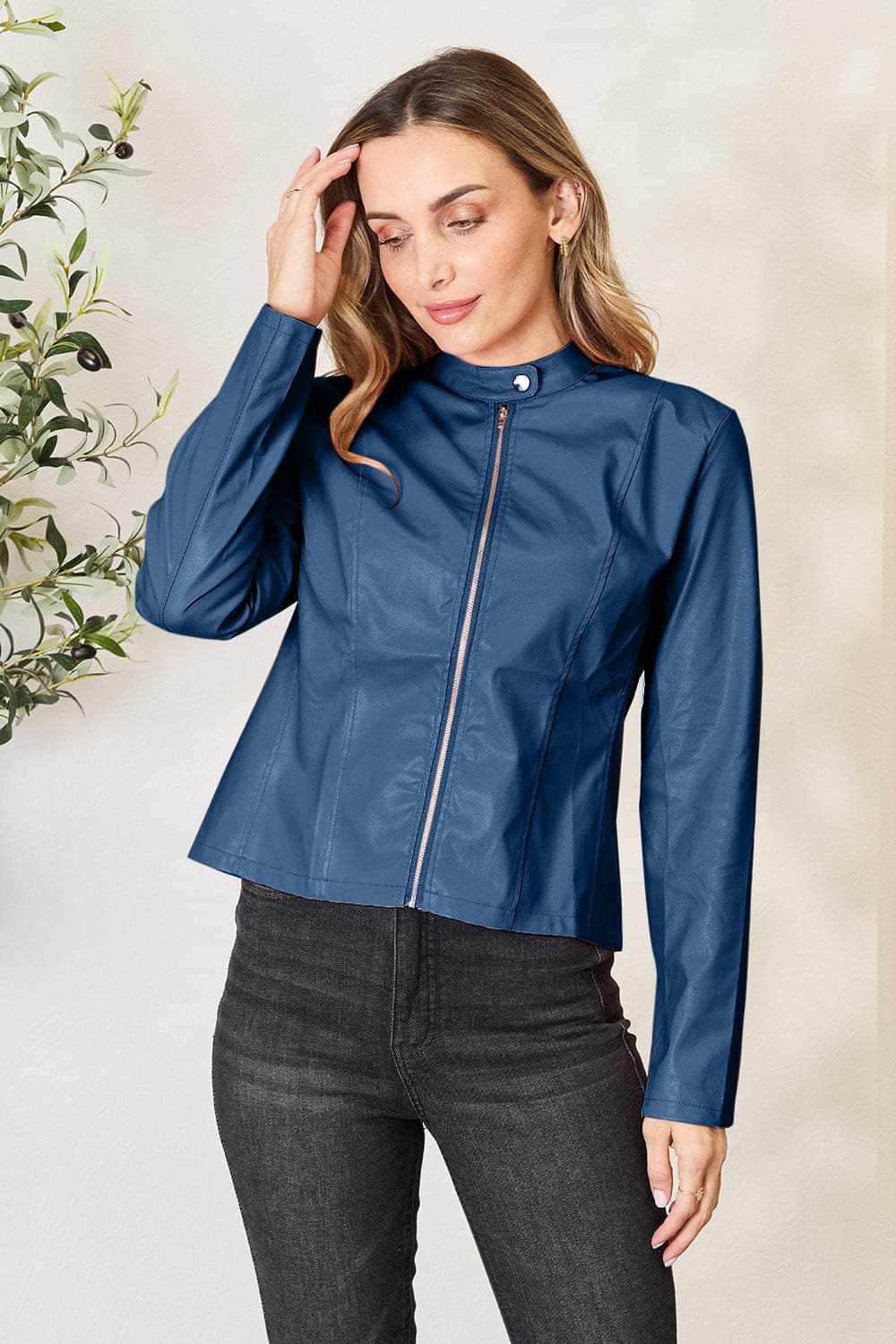 Trendsi Chic mock neck zip-up jacket