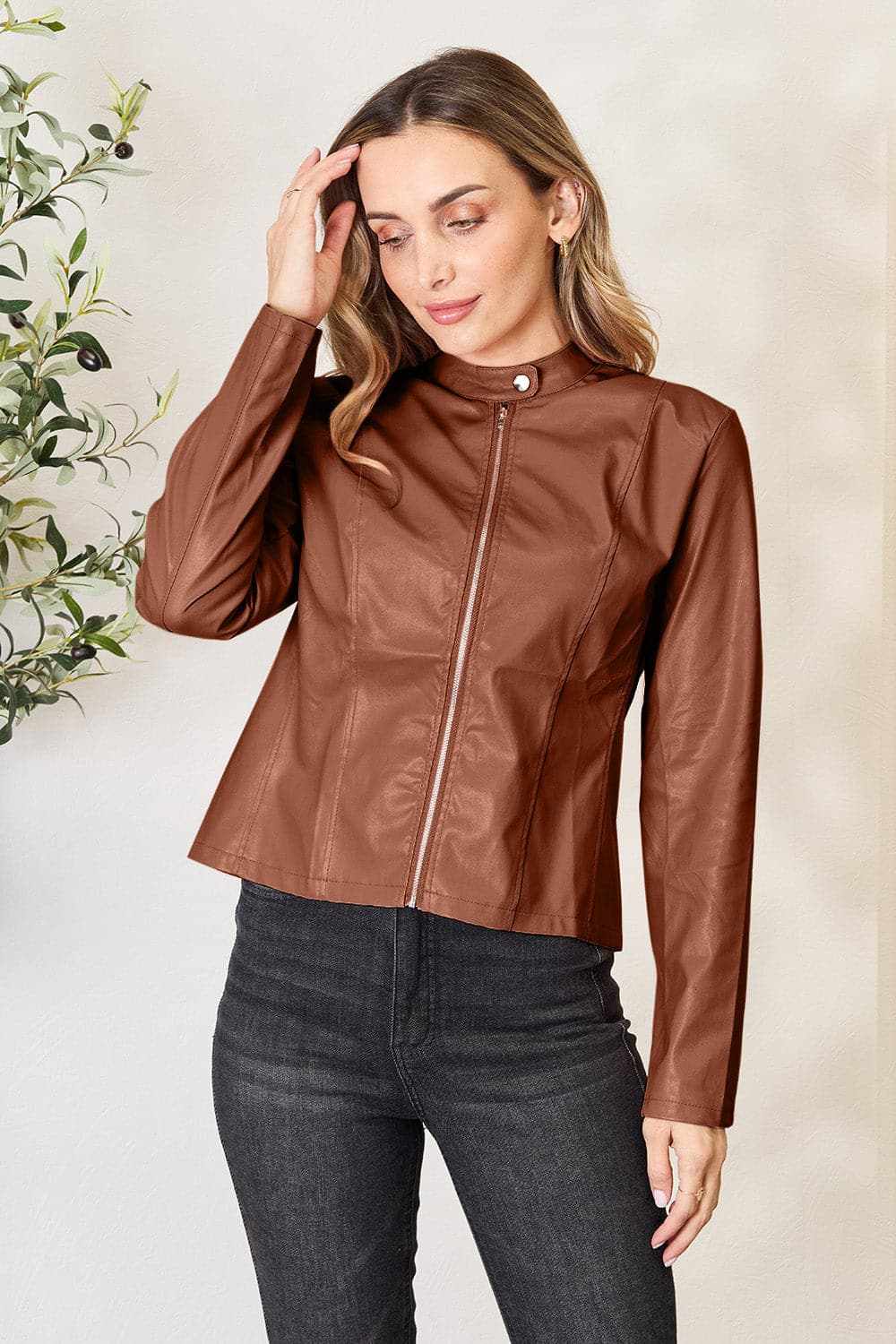 Trendsi Chic mock neck zip-up jacket