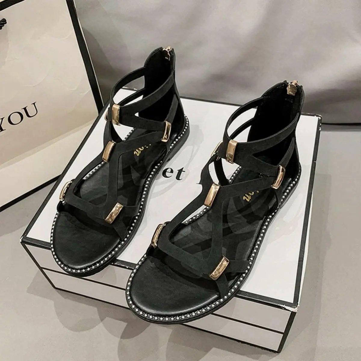 Flat Sandals - Open-Toe Zipper - Chic