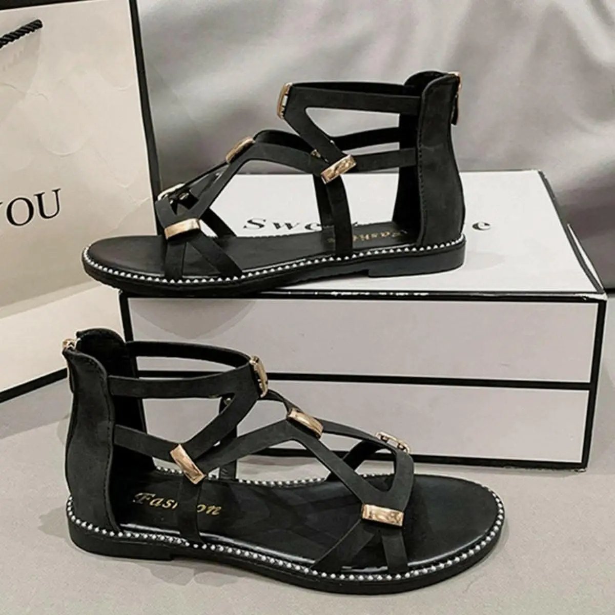 Flat Sandals - Open-Toe Zipper - Chic
